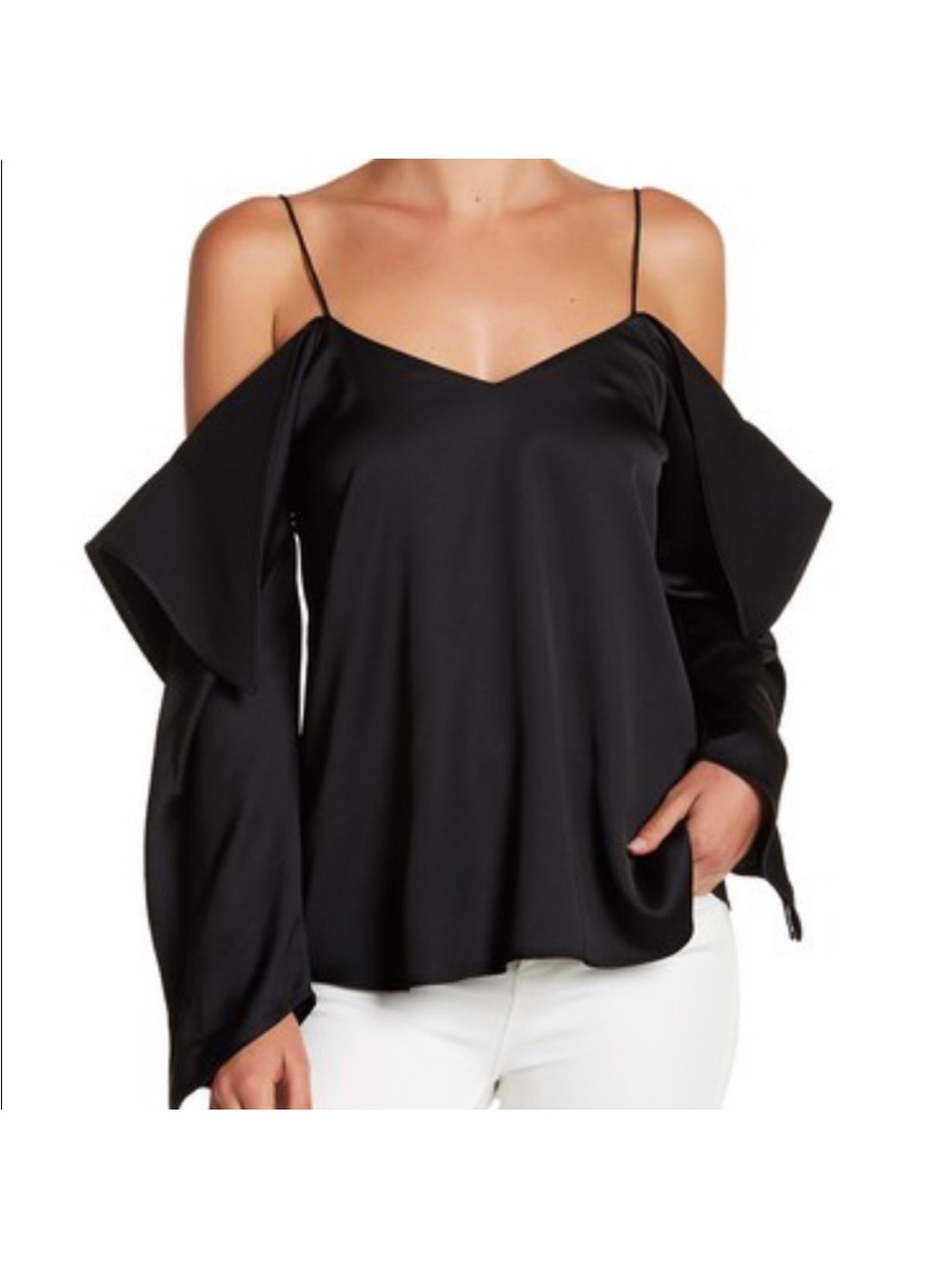 RO&DE Black Cold-Shoulder Satin Blouse Draped Flutter Sleeve L